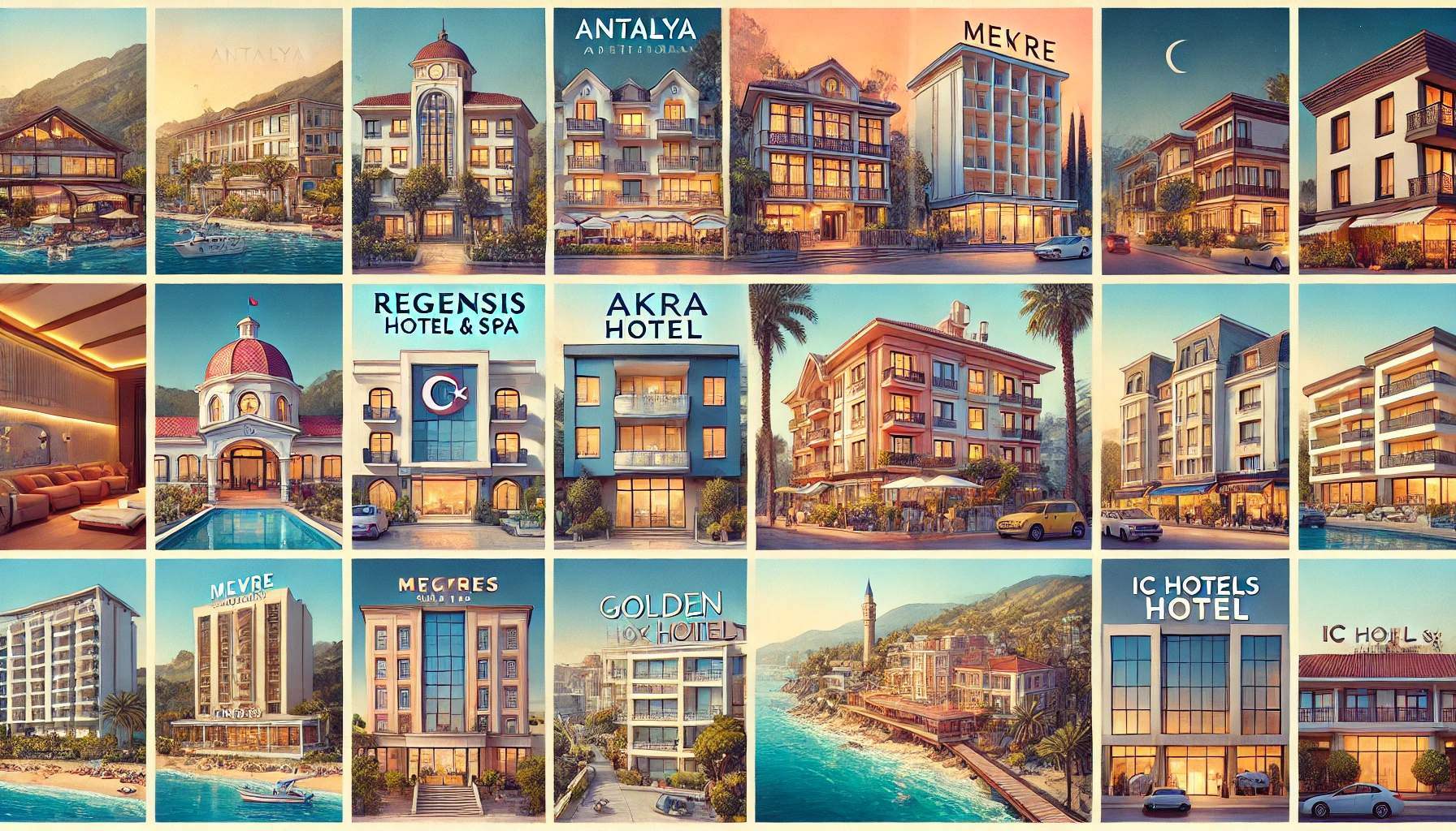 Collage of budget-friendly hotels in Antalya featuring Regenesis Hotel & Spa, Akra Antalya, Mevre Hotel, Mse Golden Lux Hotel, and IC Hotels Airport.