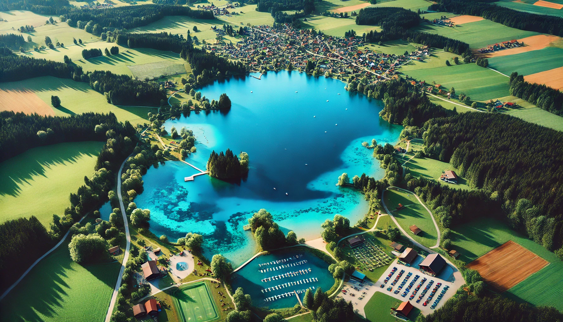 Aerial view of a vibrant blue rural lake with lush greenery, recreational areas, and scattered houses.