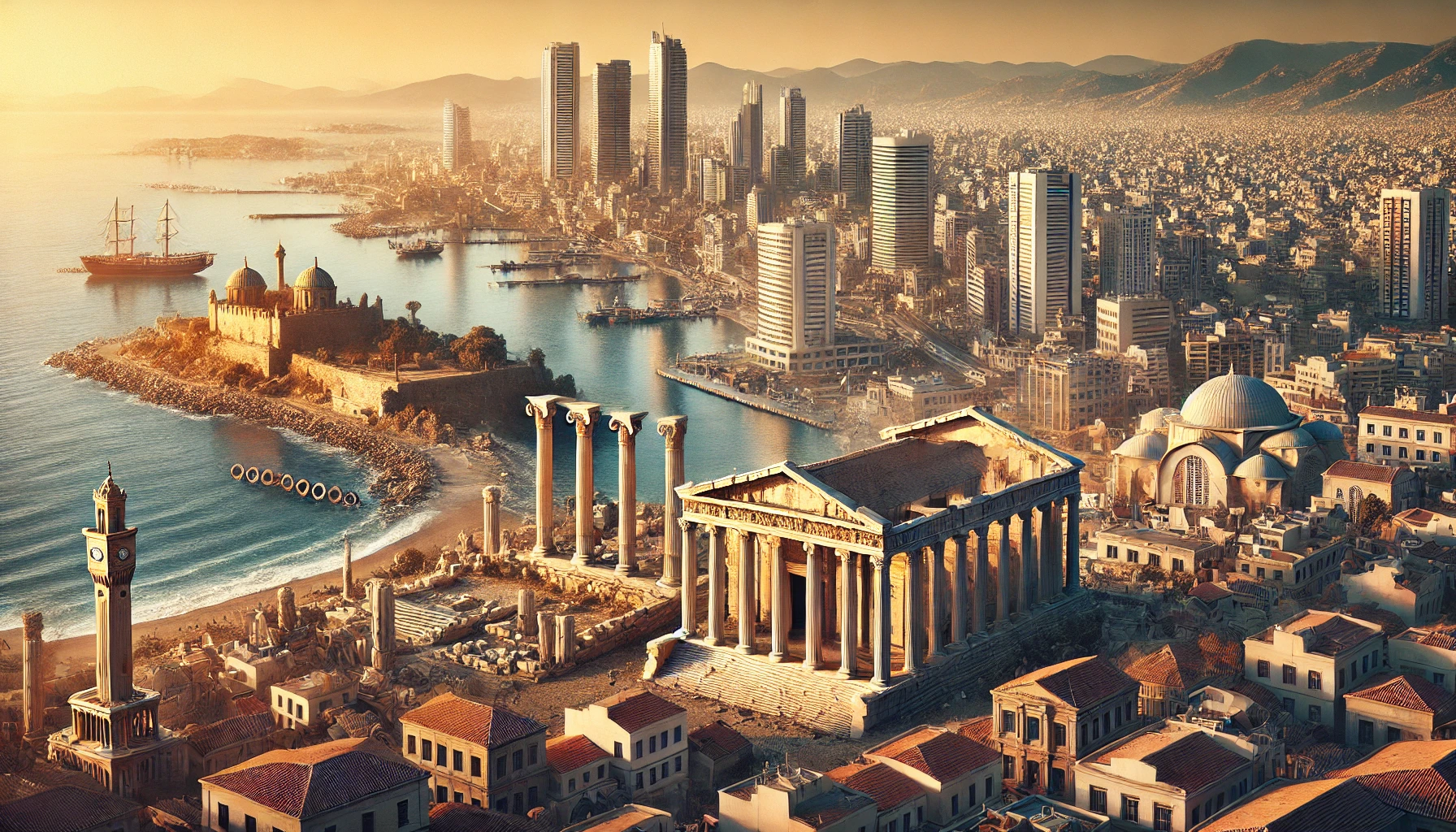 Panoramic view of Izmir, Turkey, featuring ancient ruins of the Temple of Artemis and Agora with the modern cityscape and Aegean Sea in the background.