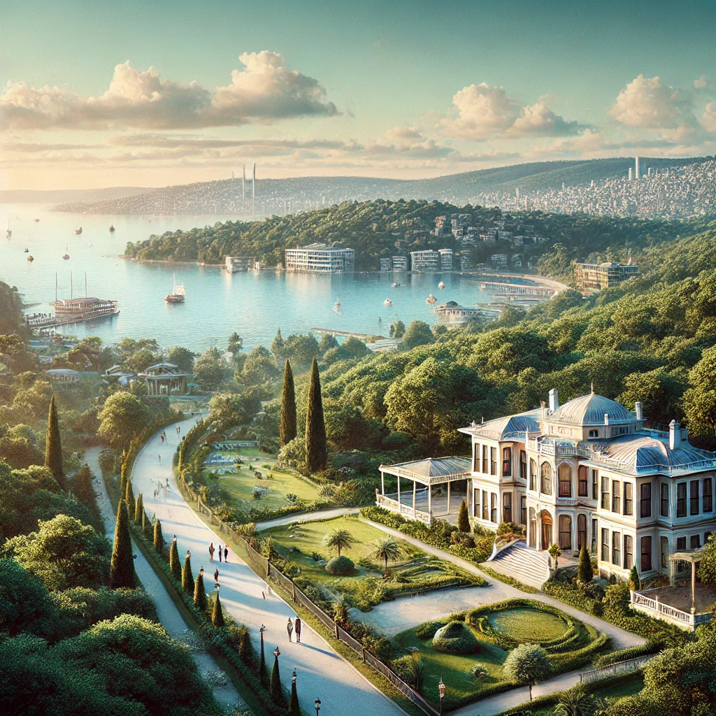 A scenic view of Kocaeli featuring Seka Park's greenery and walking paths with the Selim Sırrı Paşa Mansion's Ottoman architecture in the background.