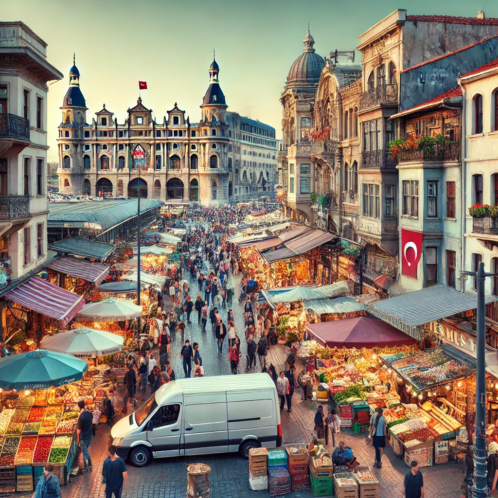 Vibrant street scene in Kadıköy, Istanbul, showcasing markets, cafes, and historic Haydarpaşa Train Station.