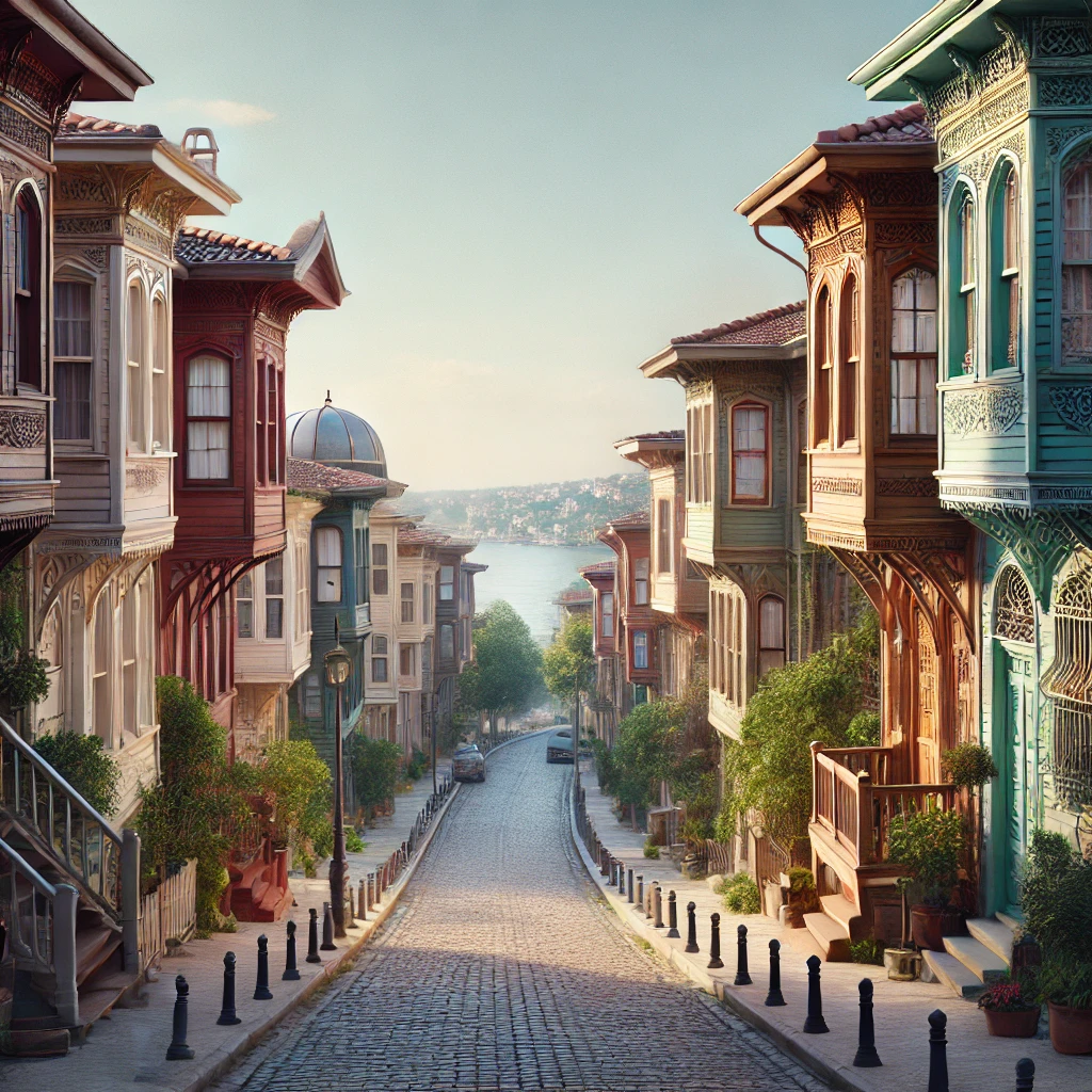 A view of Arnavutköy in Istanbul showcasing the neighborhood's iconic wooden houses and cobblestone streets.