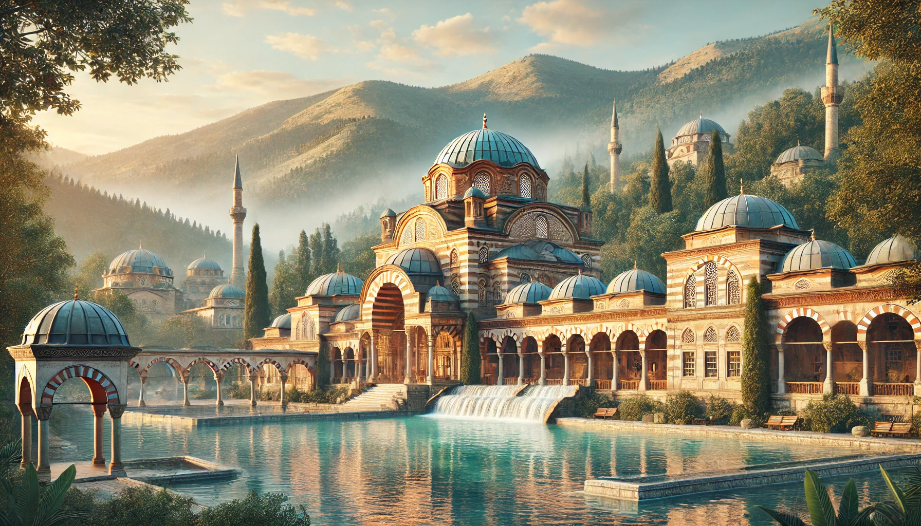 Historic thermal bathhouse in Bursa, Türkiye, surrounded by lush greenery with classic Ottoman architecture featuring domes and arches.