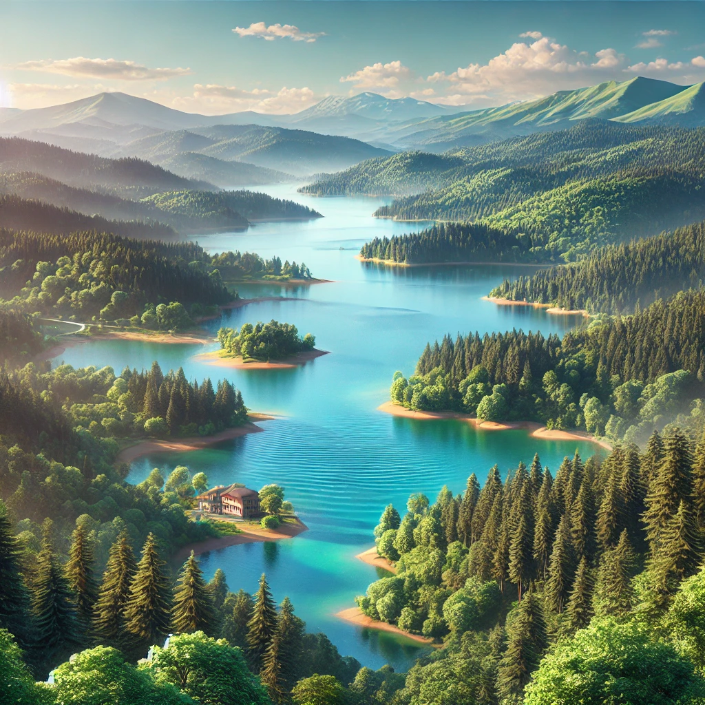 A serene view of Sapanca Lake in Sakarya, surrounded by lush green forests with Kuzuyayla Nature Park in the background.