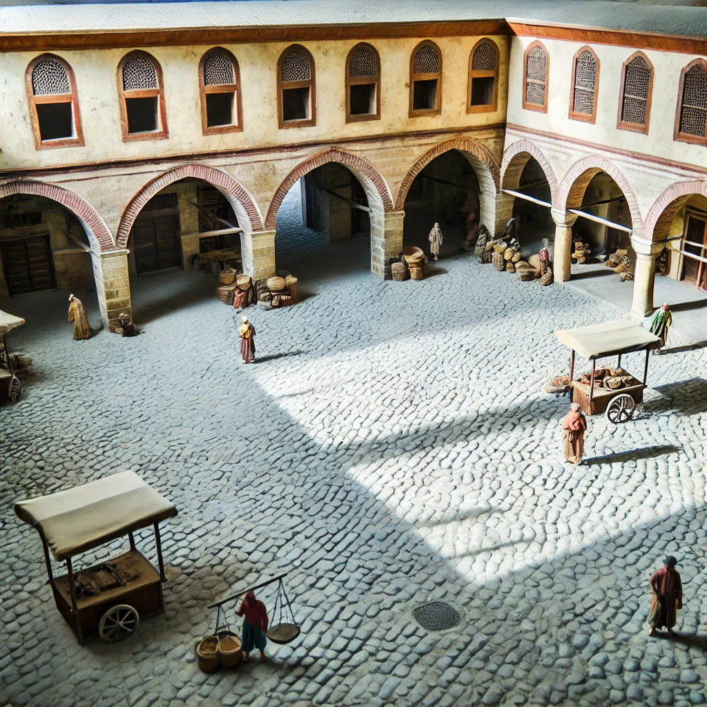 Ancient caravanserai in Istanbul's Eminönü district with historic architecture, arched doorways, cobblestone pathways, and a central courtyard.