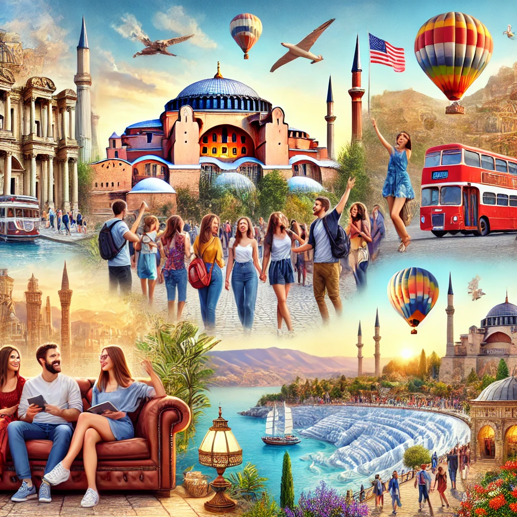 Tourists from various countries exploring famous landmarks in Turkey, including Hagia Sophia, Cappadocia, Pamukkale, and Antalya.