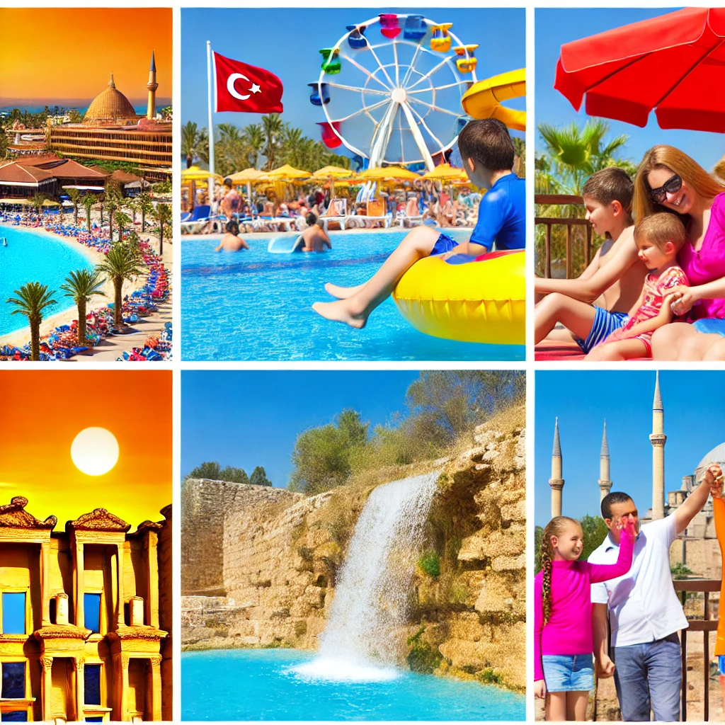 Collage of family-friendly destinations in Turkey featuring all-inclusive beach resorts, water parks, Pamukkale, and historical sites in Istanbul.