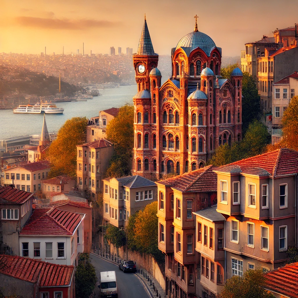 Scenic view of Fener neighborhood in Istanbul with Phanar Greek Orthodox College at sunset.