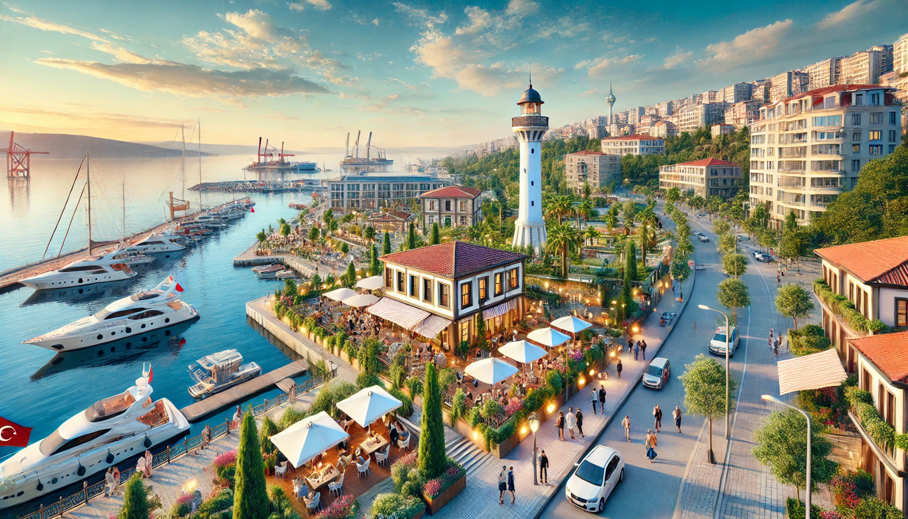 Picturesque neighborhood in Fenerbahçe, Istanbul, Turkey featuring scenic Fenerbahçe Park, Fenerbahçe Lighthouse, Kalamış Marina, and vibrant coastal area with luxury cafes and restaurants.