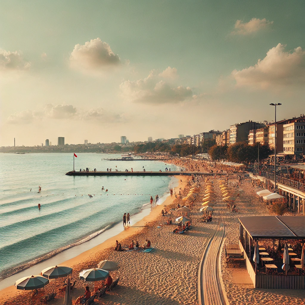 Serene urban beach at Florya Güneș Beach, Istanbul, with beachgoers relaxing by the Marmara Sea.