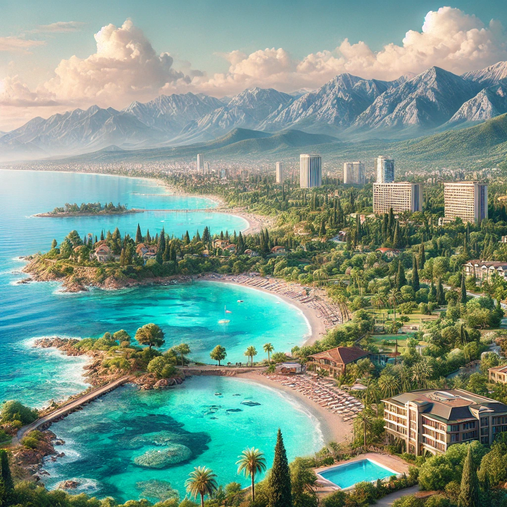 Scenic view of Antalya's Mediterranean coastline with turquoise waters, lush landscapes, and the Taurus Mountains, showcasing the city's beauty and modern amenities.