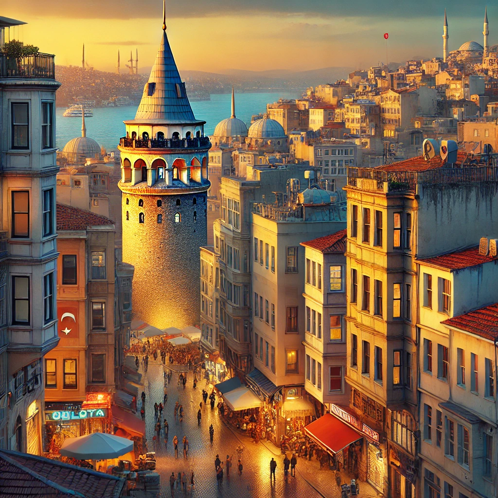 A vibrant view of Galata, Istanbul, featuring the historic Galata Tower surrounded by lively streets and traditional architecture.