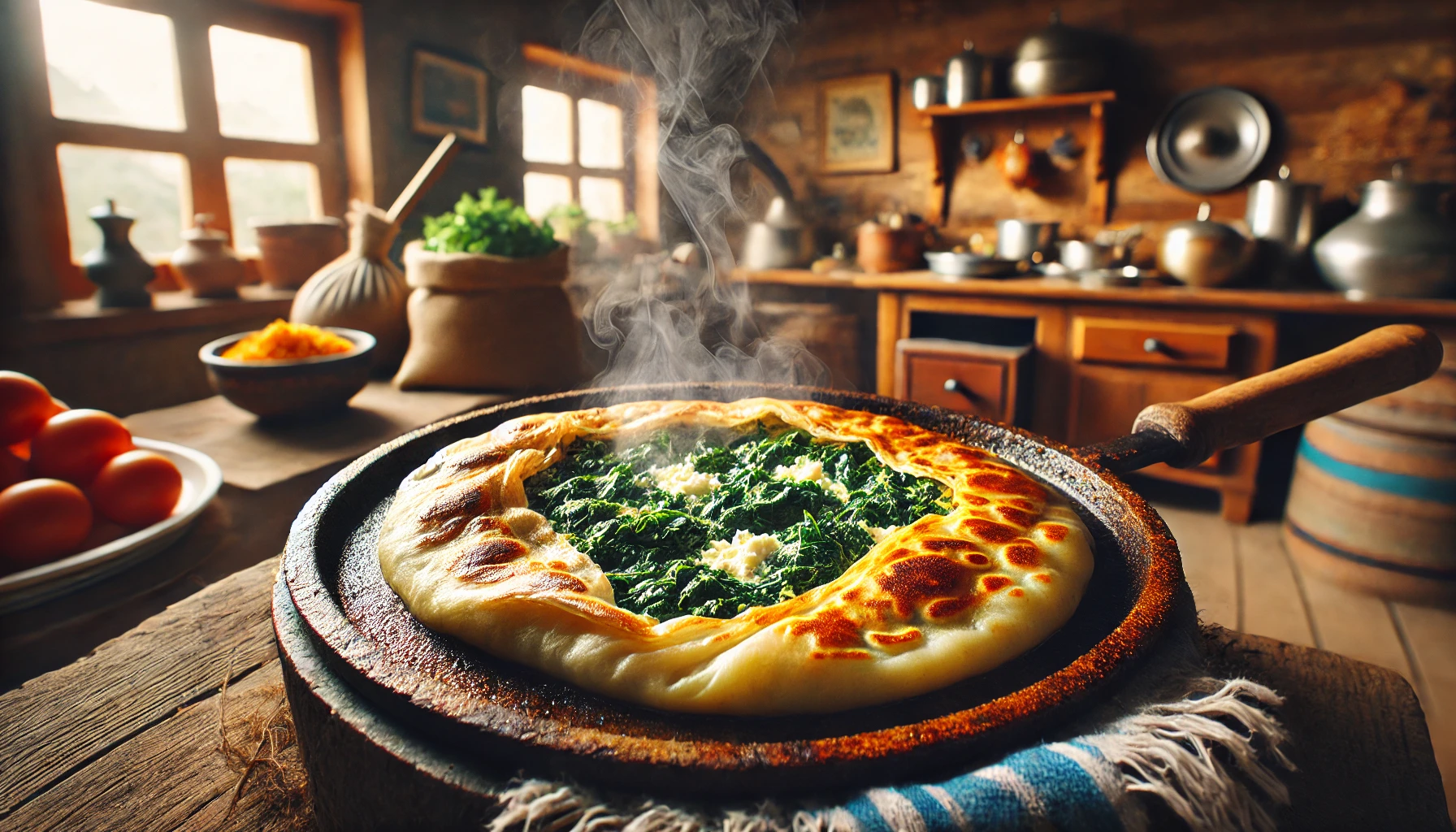 Freshly cooked Gözleme on a traditional sac griddle, filled with spinach and Turkish white cheese, with steam rising.