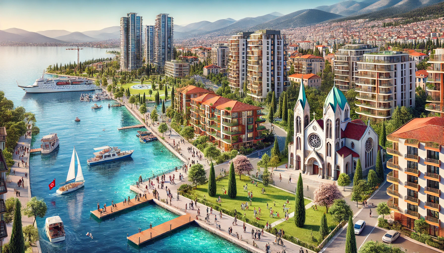 Vibrant coastal neighborhood in Göztepe, Izmir, Turkey featuring modern residential buildings, historical landmarks like the Notre Dame de Lourdes Catholic Church, lush green parks, and scenic waterfront views.