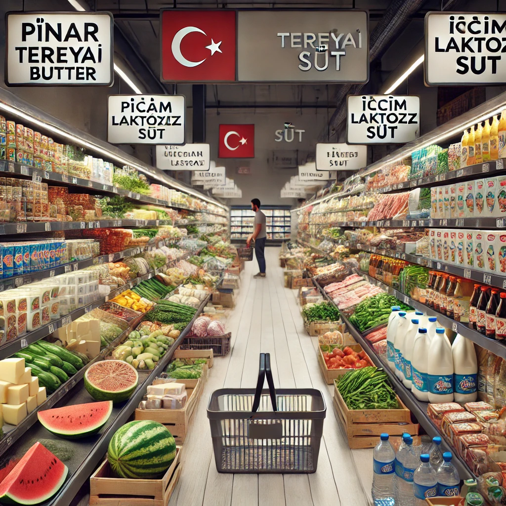 Turkish grocery store aisle with dairy, meat, fresh vegetables, fruits, and household items.