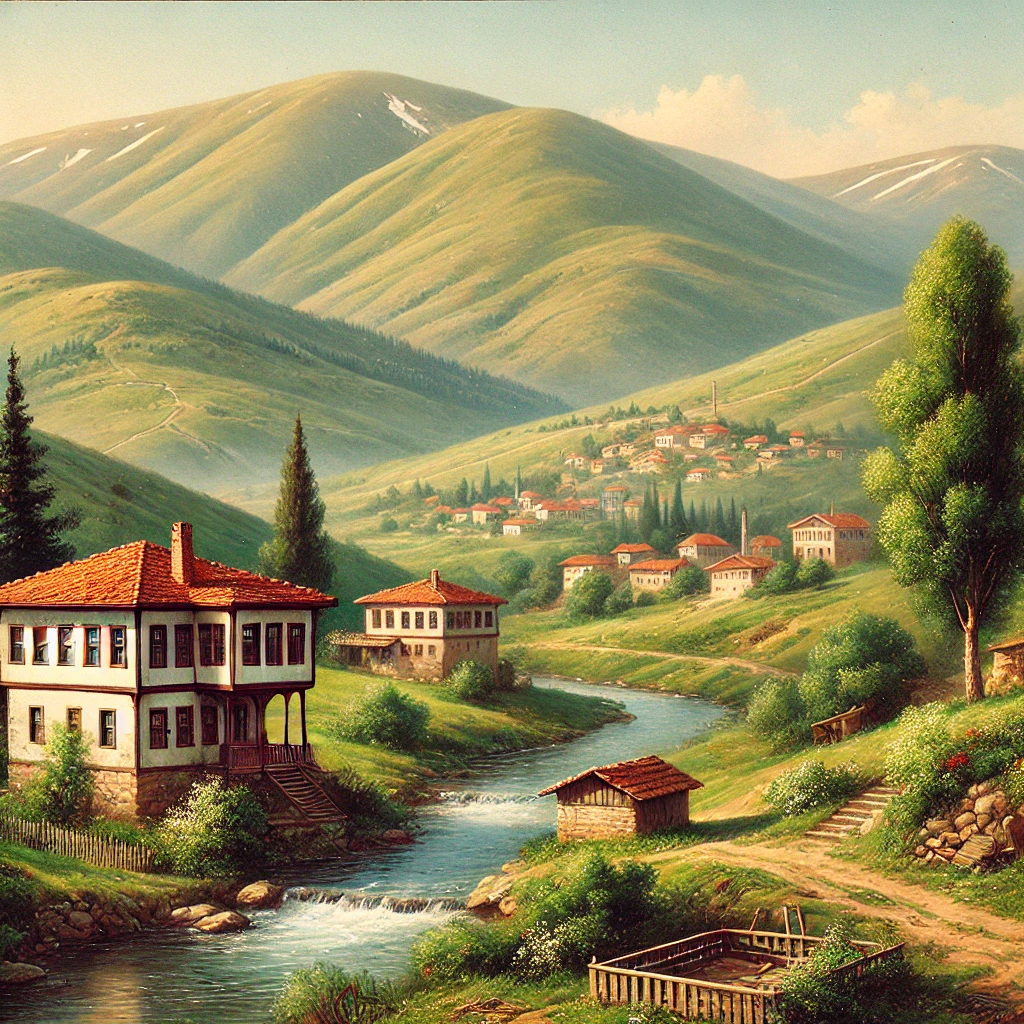 A picturesque view of Güdül, Ankara, showcasing a traditional Turkish house surrounded by rolling hills, greenery, and a calm stream on a clear summer day.