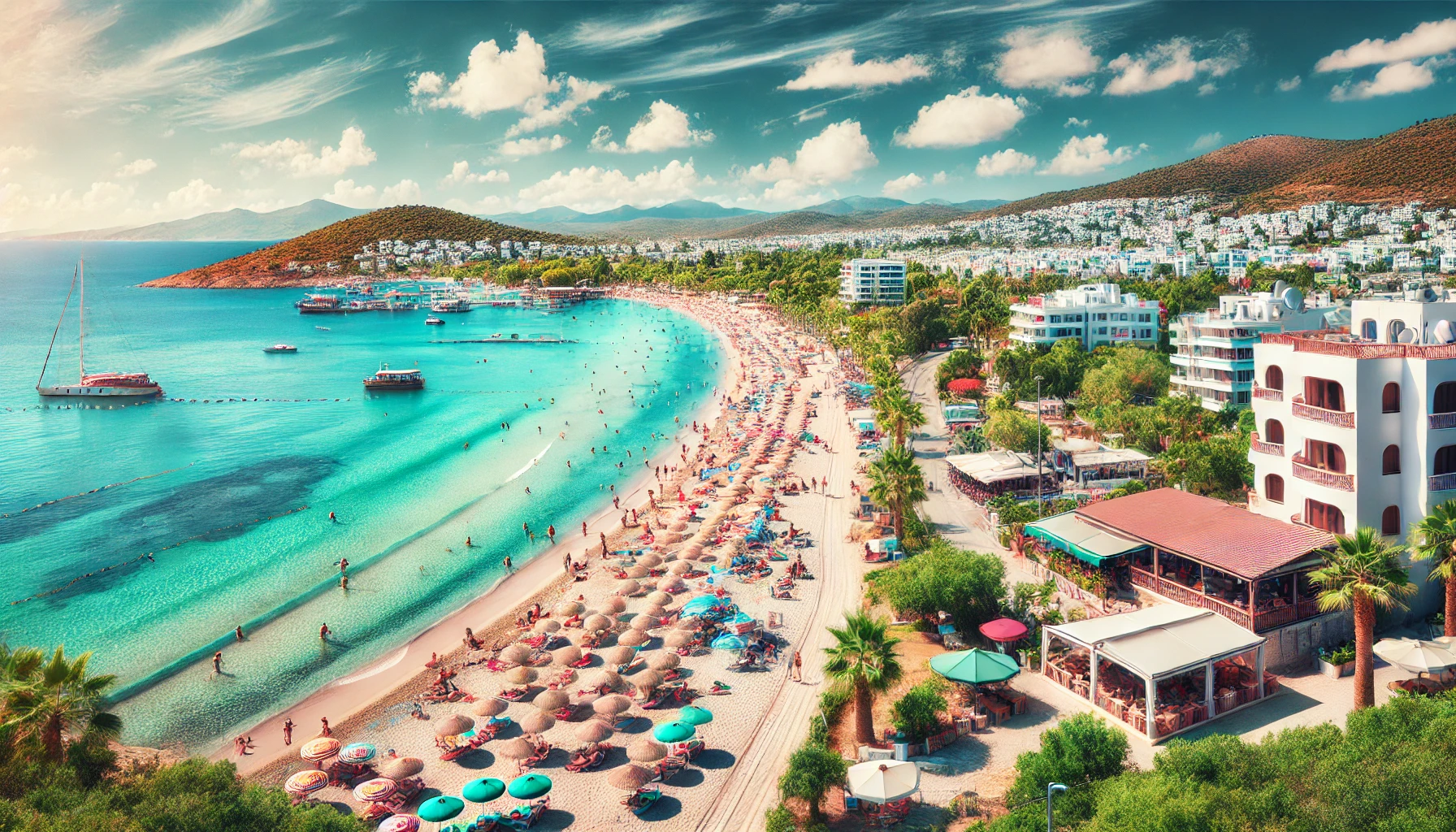 Scenic view of Gümbet Beach in Bodrum, featuring sandy shore, turquoise waters, sunbathers, colorful beach umbrellas, beachside cafes, bars, and lush greenery.