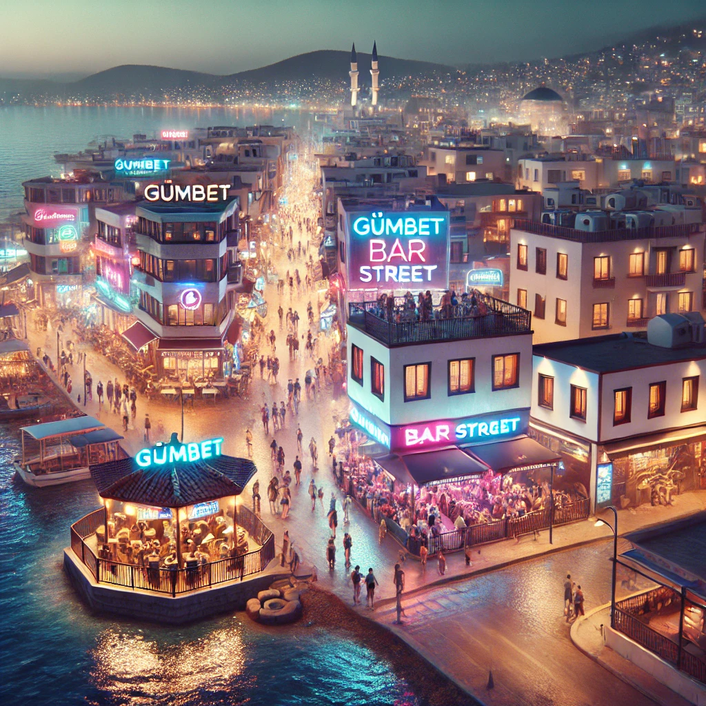 Vibrant nightlife scene at Gümbet, Bodrum, with illuminated bars and nightclubs on a lively street.