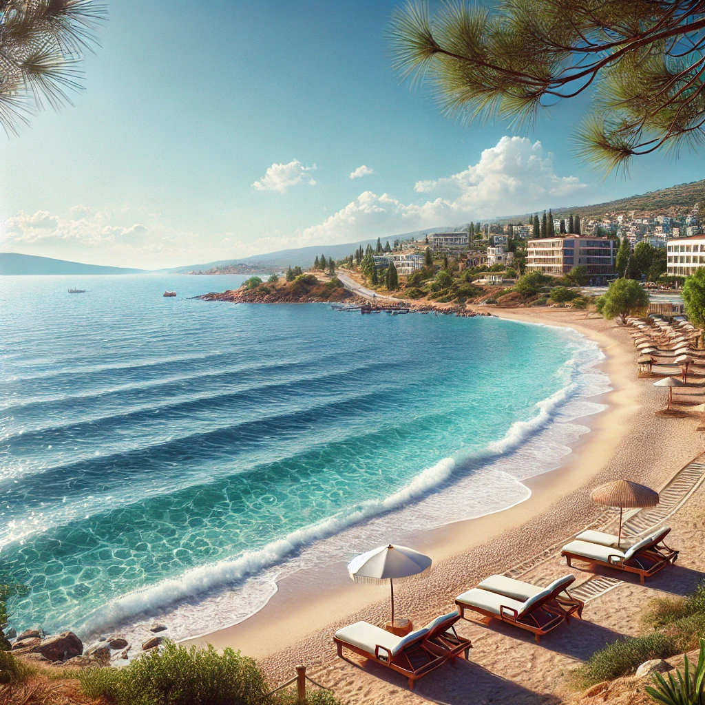 Serene beach in Gümüldür, İzmir with soft sand and clear blue waters under a sunny sky.