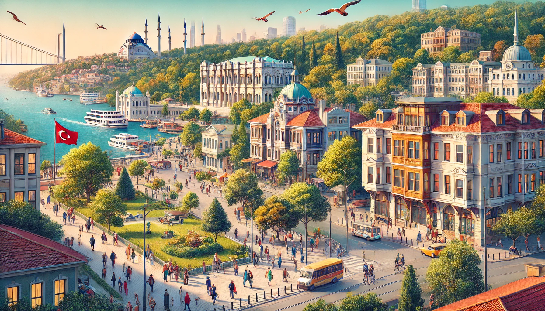 Picturesque neighborhood in Gümüşsuyu, Istanbul, Turkey featuring historical landmarks like Dolmabahçe Palace, scenic parks, Istanbul Technical University Gümüşsuyu campus, and CVK Park Bosphorus Hotel.