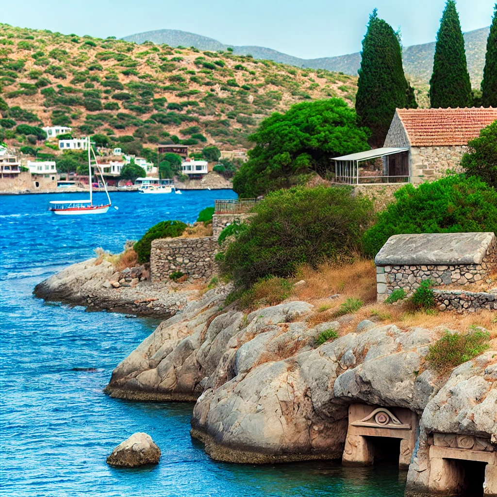 A scenic view of Gündoğan, Bodrum featuring a coastline with clear blue waters, ancient rock tombs, traditional stone houses, and a boat near the shore.