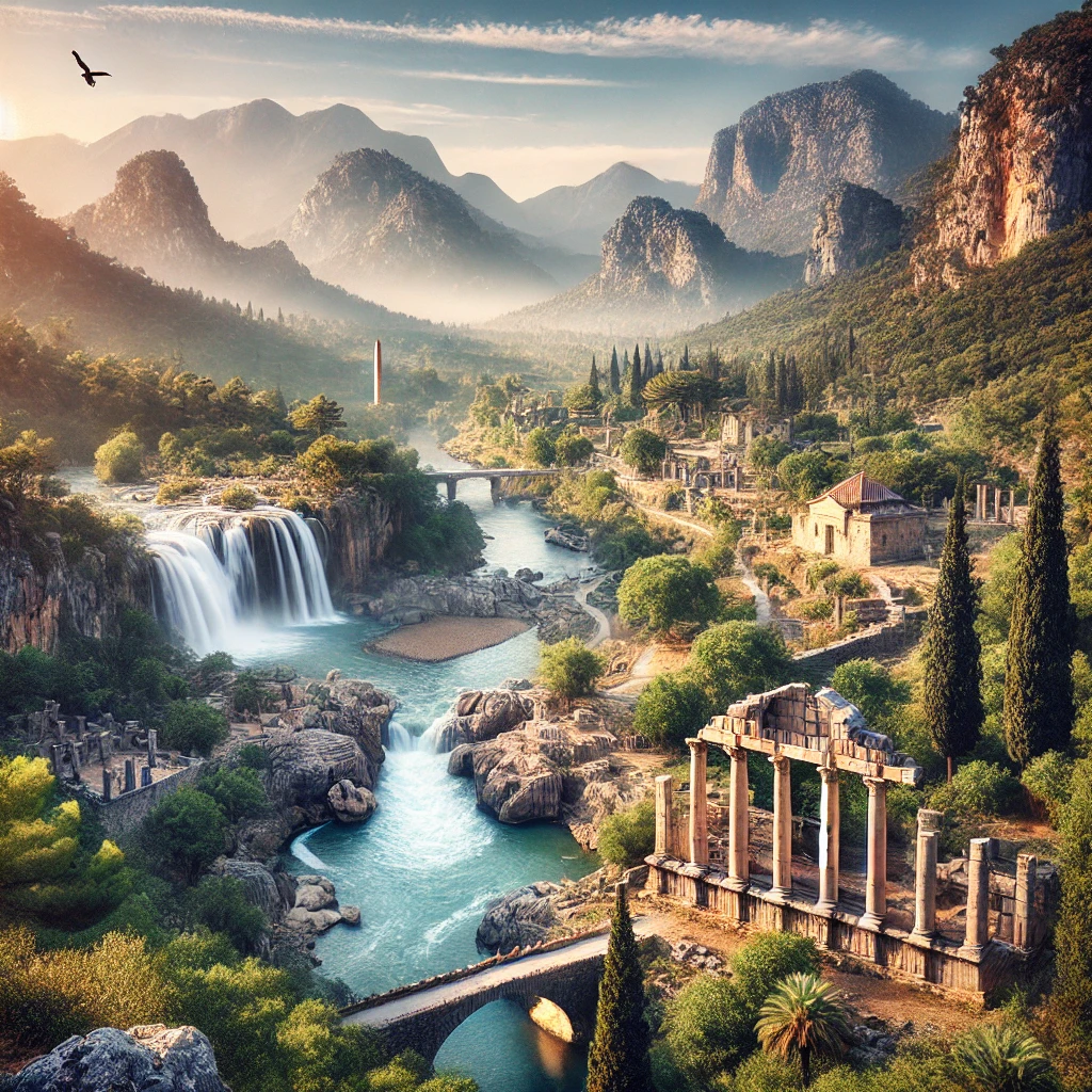 Picturesque view near Gündoğmuş, Antalya, showcasing ancient ruins, lush forests, and the Manavgat Waterfall with Taurus Mountains in the background.