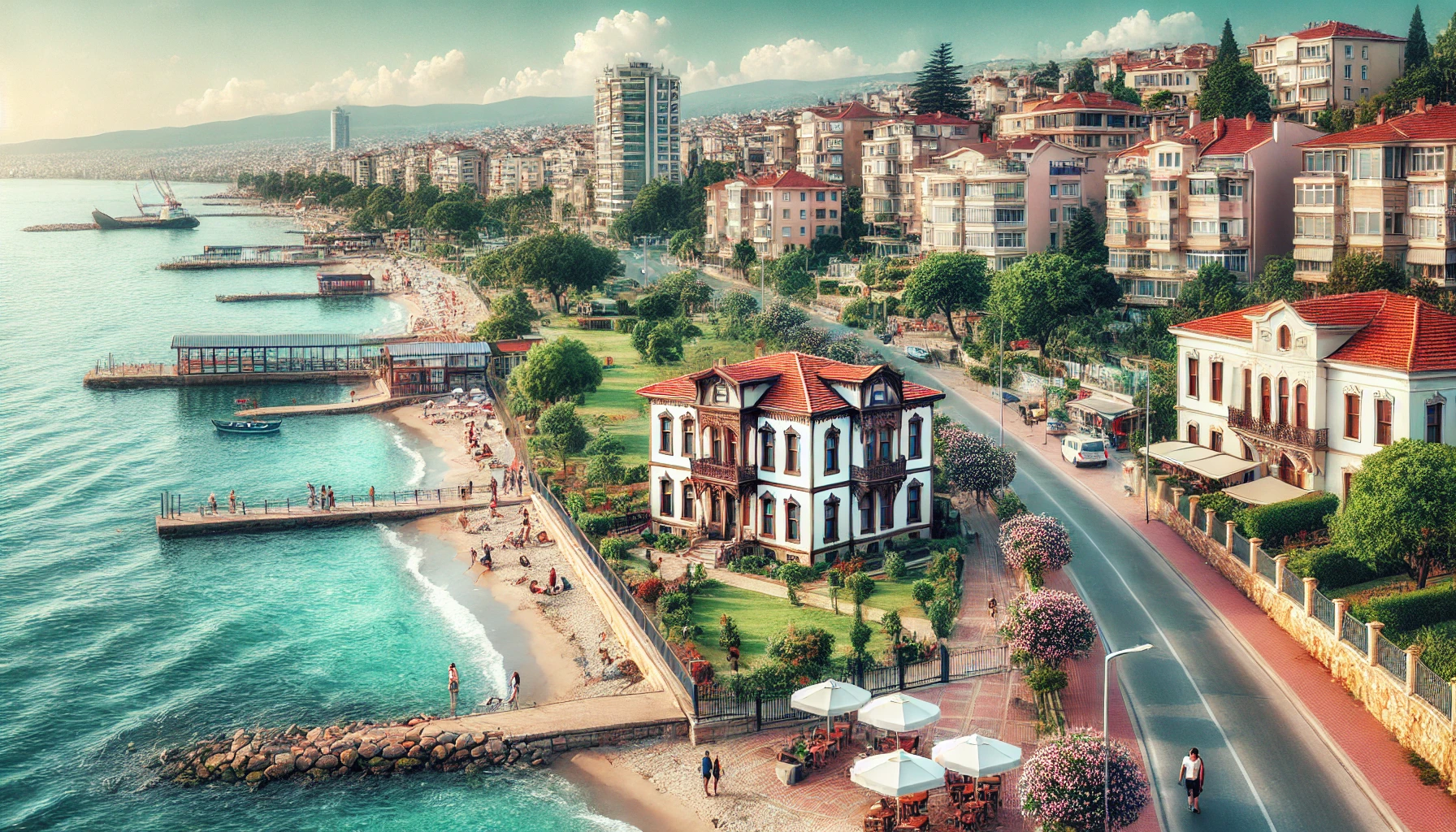 Picturesque coastal neighborhood in Güzelyalı, Izmir, Turkey with historical seaside mansions and modern buildings, clean beach, clear blue waters, scenic walking path, jasmine gardens, and lush parks.