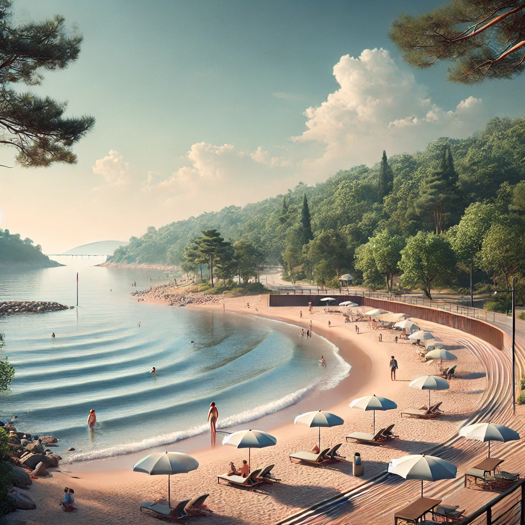 Peaceful view of Haylayf Beach in Istanbul's Bakırköy district with soft sands, gentle waves, and lush greenery.