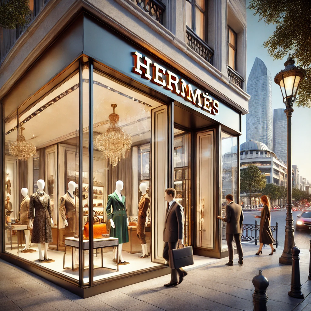 Luxury Hermès store in Istanbul with elegant storefront and sophisticated window displays in an upscale shopping district.