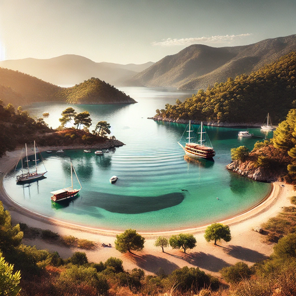 A tranquil view of Hisarönü, Marmaris with a calm bay, sandy beach, and green hills. Title: Serene Landscape of Hisarönü, Marmaris