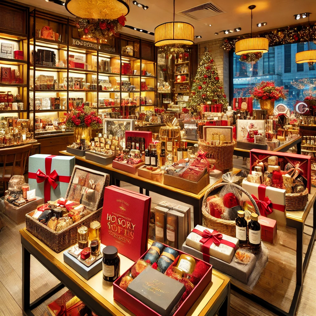 A festive Turkish store displaying a variety of holiday gift sets, including luxury beauty products, gourmet food baskets, and Christmas-themed packages.