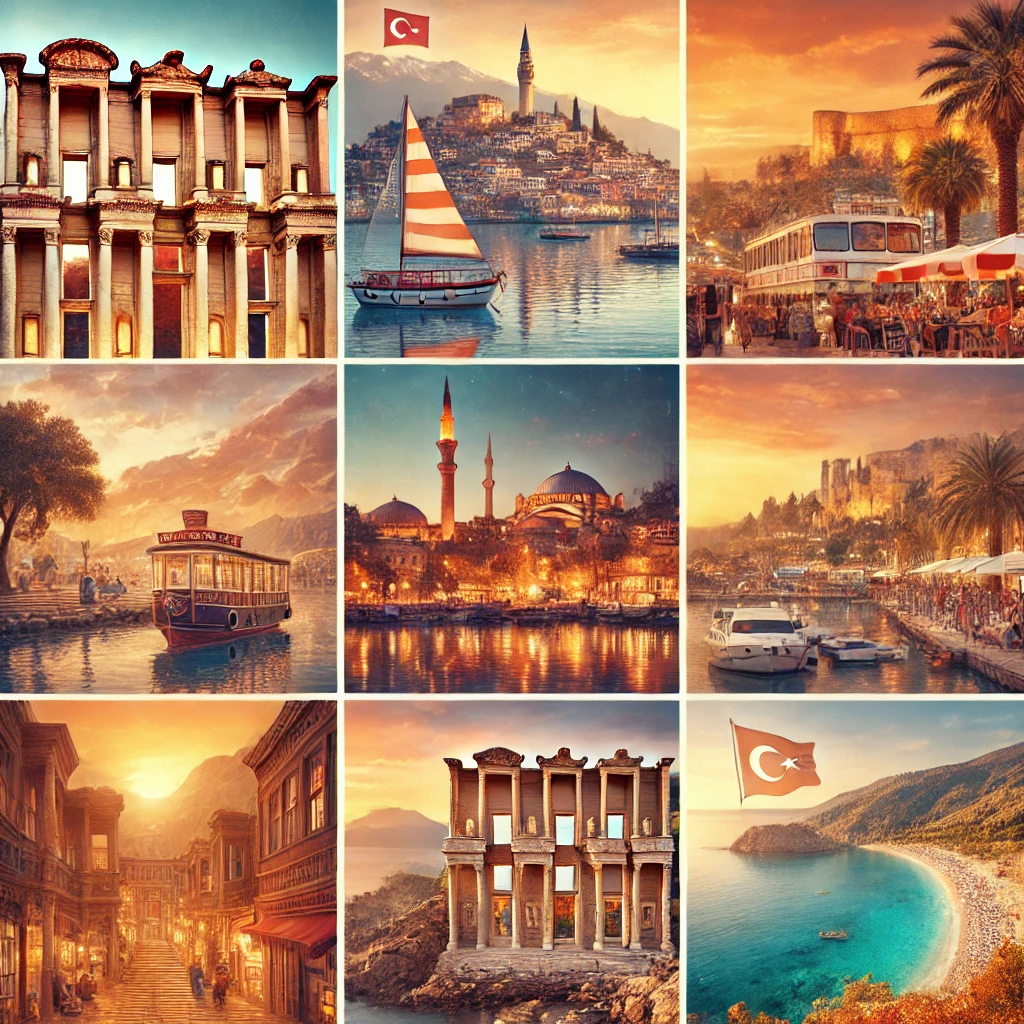 Collage of top honeymoon destinations in Turkey featuring the Apollo Temple in Side, Antalya's beaches, Bodrum Castle, Bodrum nightlife, Greco-Roman ruins in Kemer, ancient streets of Istanbul, and the lagoon of Ölüdeniz.