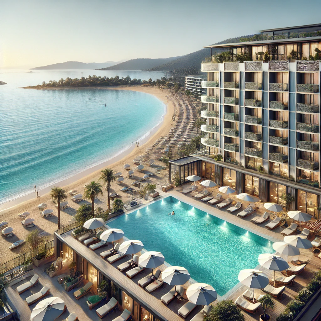 Luxurious beachfront hotel in Fethiye, Turkey, with a large pool overlooking the sea and modern design.