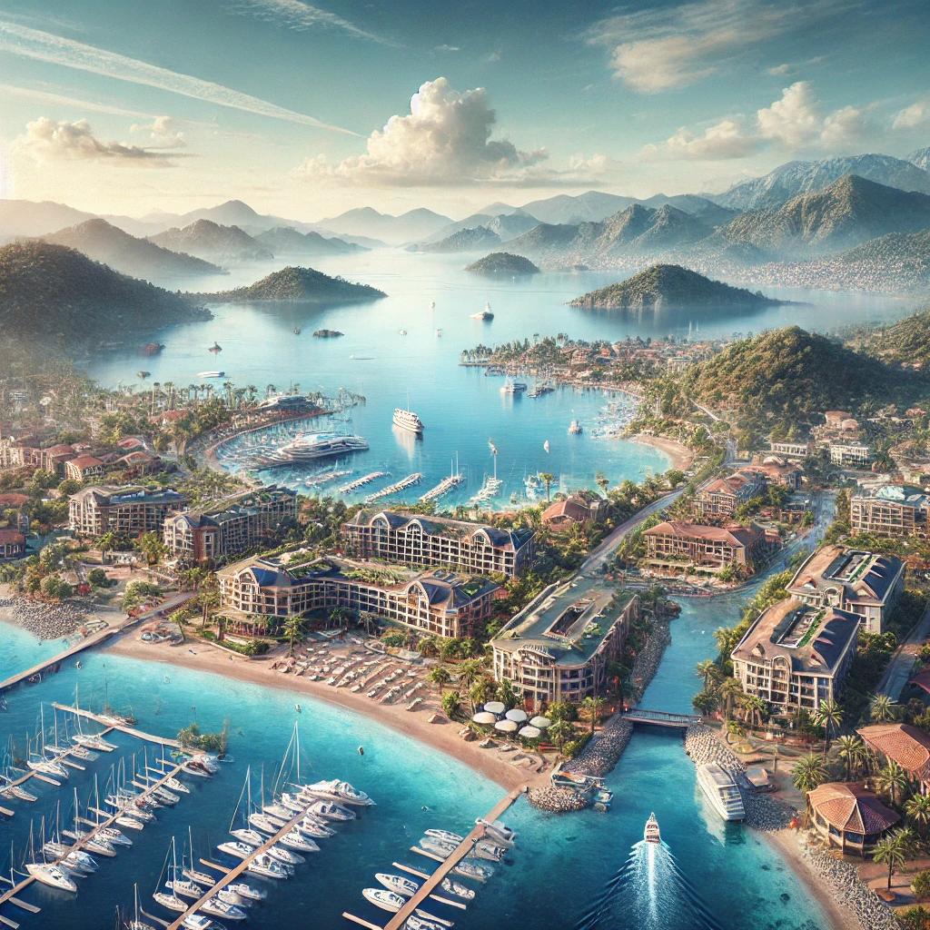 Coastal view of Fethiye, Turkey, featuring beachfront resorts, boutique hotels, and a vibrant marina.