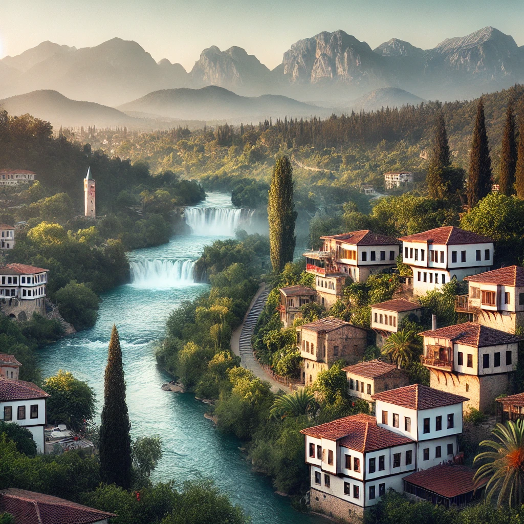 Picturesque scene near İbradı, Antalya, showcasing traditional Button Houses, lush forests, and the Manavgat Waterfall with the Taurus Mountains in the background.