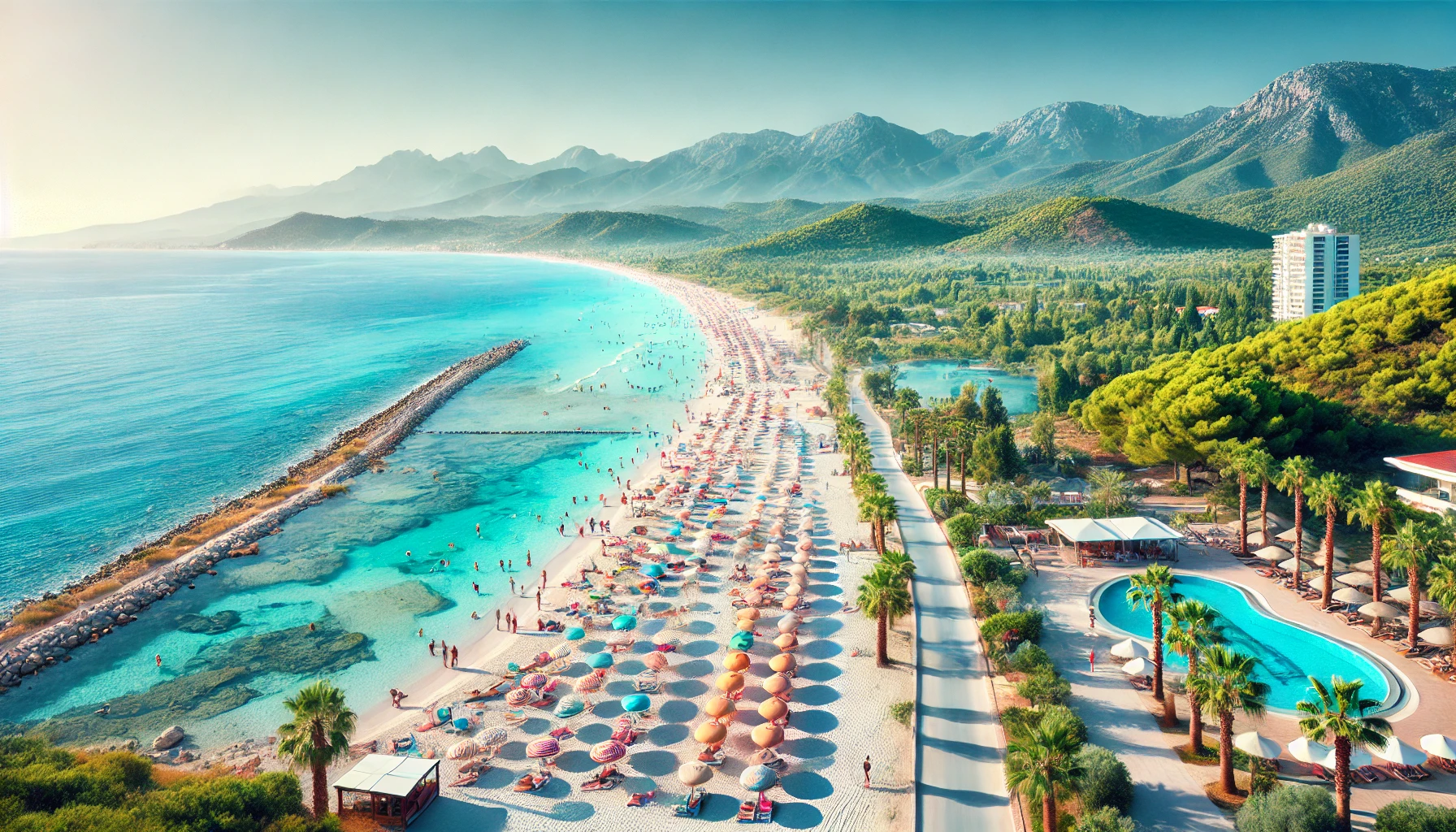 Scenic view of Ilıca Beach in Izmir, Turkey, featuring white sandy shore, turquoise waters, sunbathers, colorful beach umbrellas, thermal springs, and lush green surroundings.