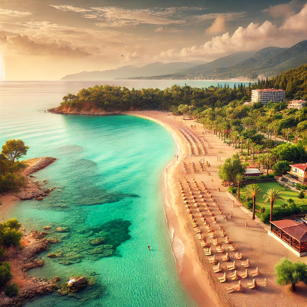 Serene view of Incekum, Alanya with fine sandy beaches, turquoise waters, and lush green forests.