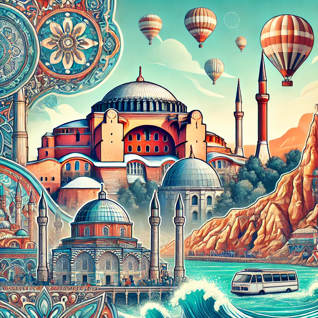 Iconic landmarks of Turkey including Hagia Sophia, Cappadocia's hot air balloons, and Mediterranean coast.