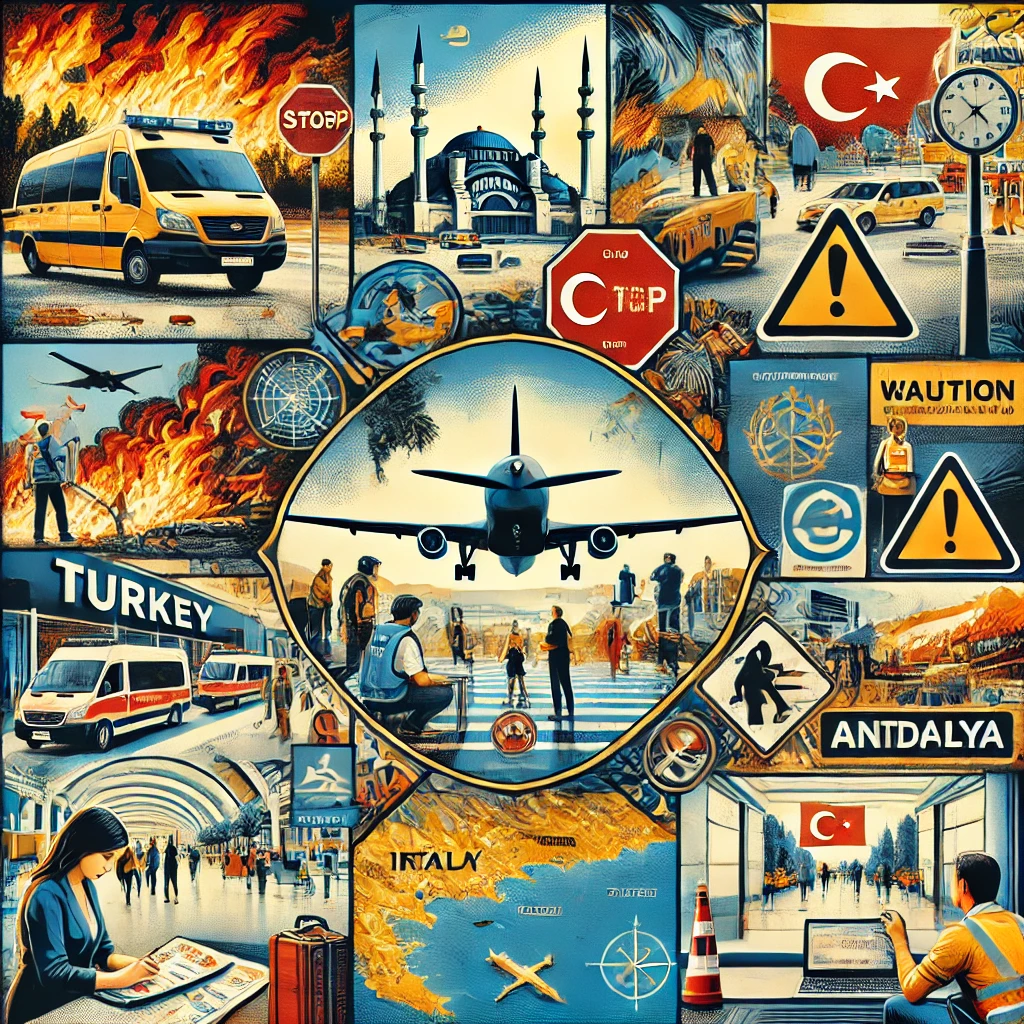 Collage representing travel safety in Turkey, highlighting regional tensions, wildfires, and safety in cities like Istanbul and Antalya.