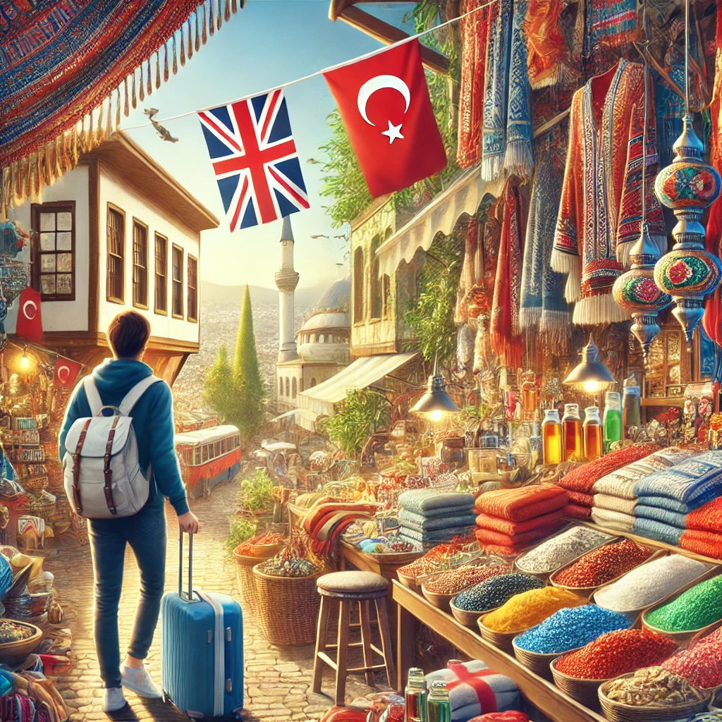 British traveler exploring a vibrant Turkish market filled with colorful textiles and local crafts.