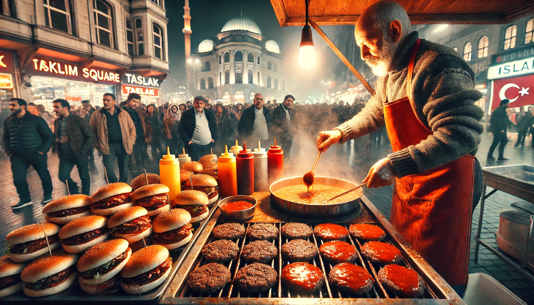 Street vendor in Taksim Square, Istanbul, preparing Islak Hamburgers with eager customers in the background.