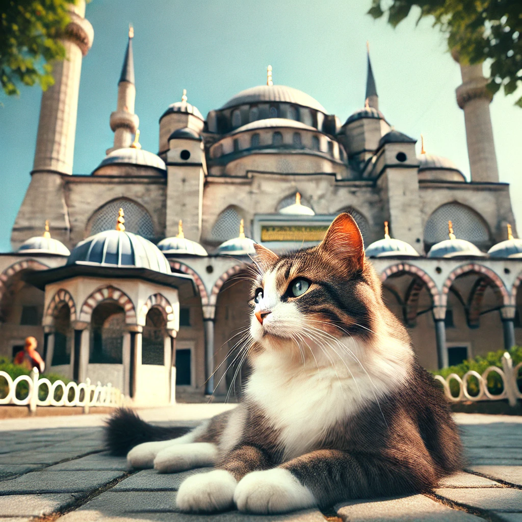 Cat relaxing near a historic mosque in Istanbul