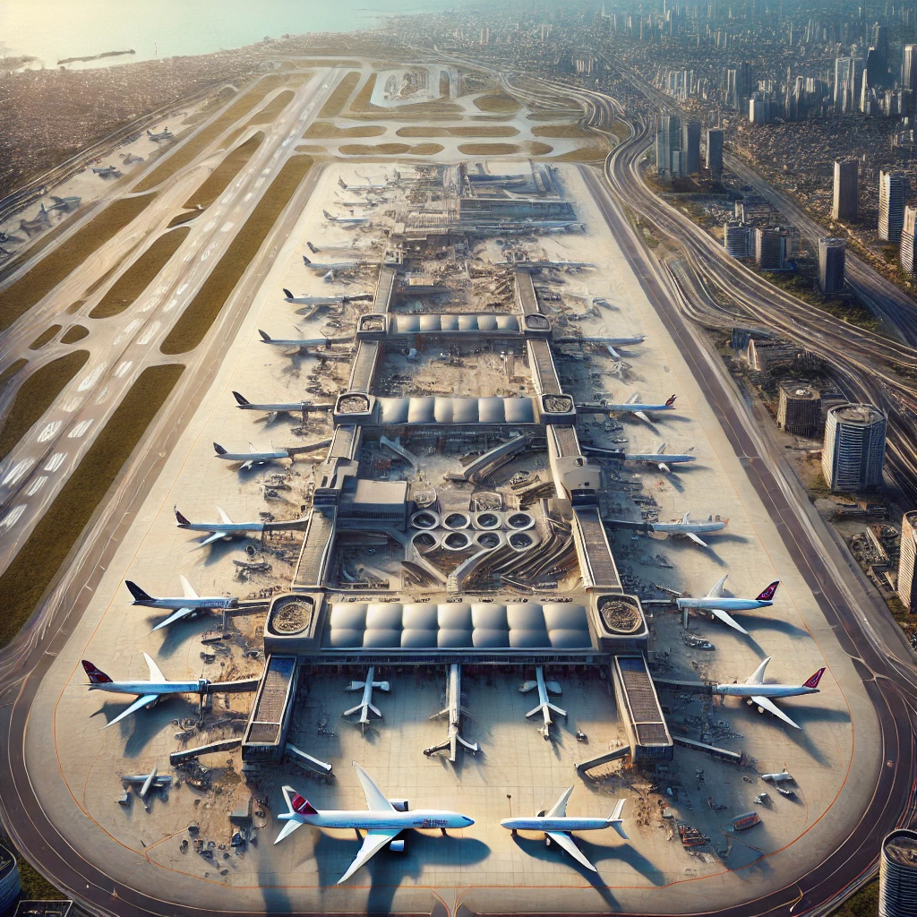 Aerial view of Istanbul Airport, showcasing its modern infrastructure and busy runways with planes taking off and landing, highlighting its role as a major global hub for transfer flights.