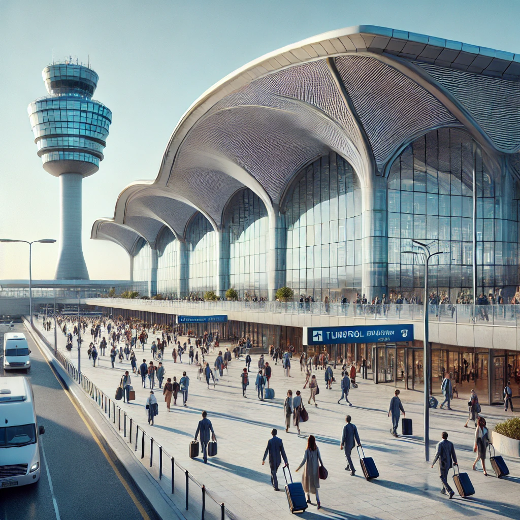 Realistic view of Istanbul Airport in Turkey with modern terminal architecture, tulip-shaped control tower, and busy travelers.