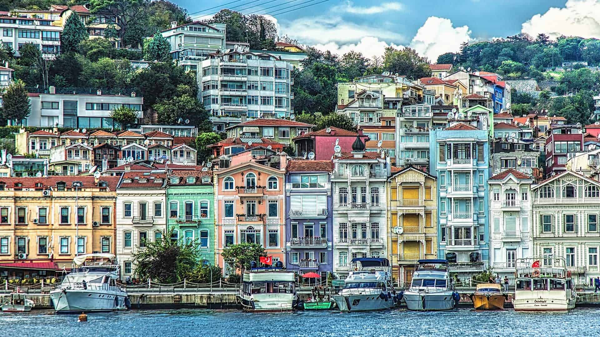 Colorful waterfront buildings and yachts along the Bosphorus in Bebek, Istanbul