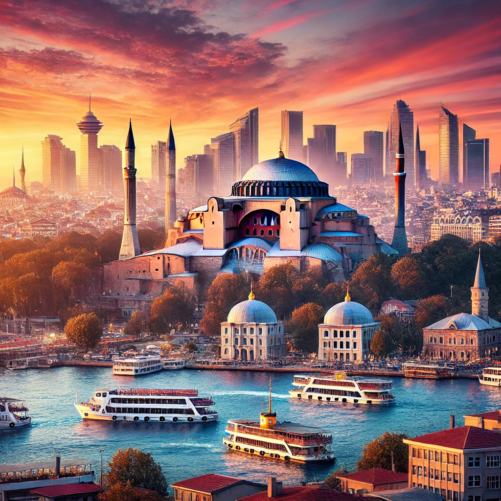 Istanbul skyline at sunset featuring Hagia Sophia and modern buildings along the Bosphorus with boats in the foreground