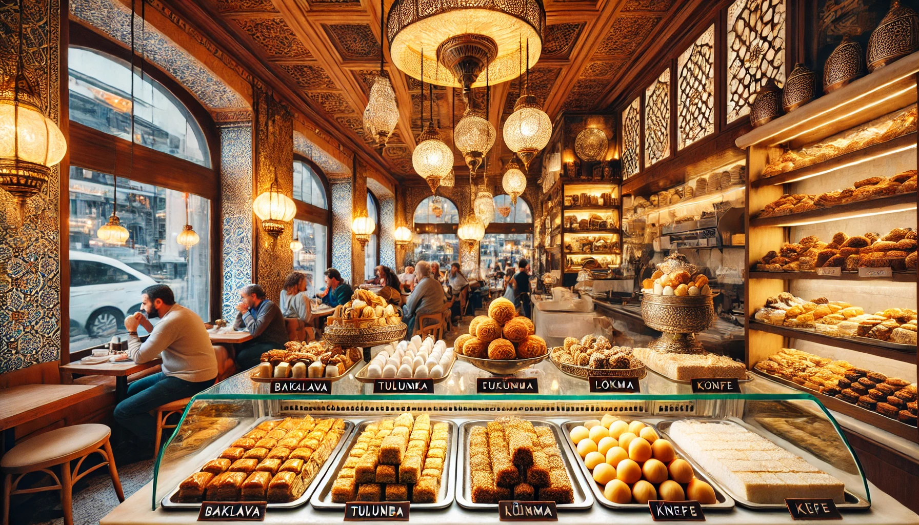 Cozy dessert shop in Istanbul displaying a variety of Turkish sweets including baklava, tulumba, lokma, and künefe.