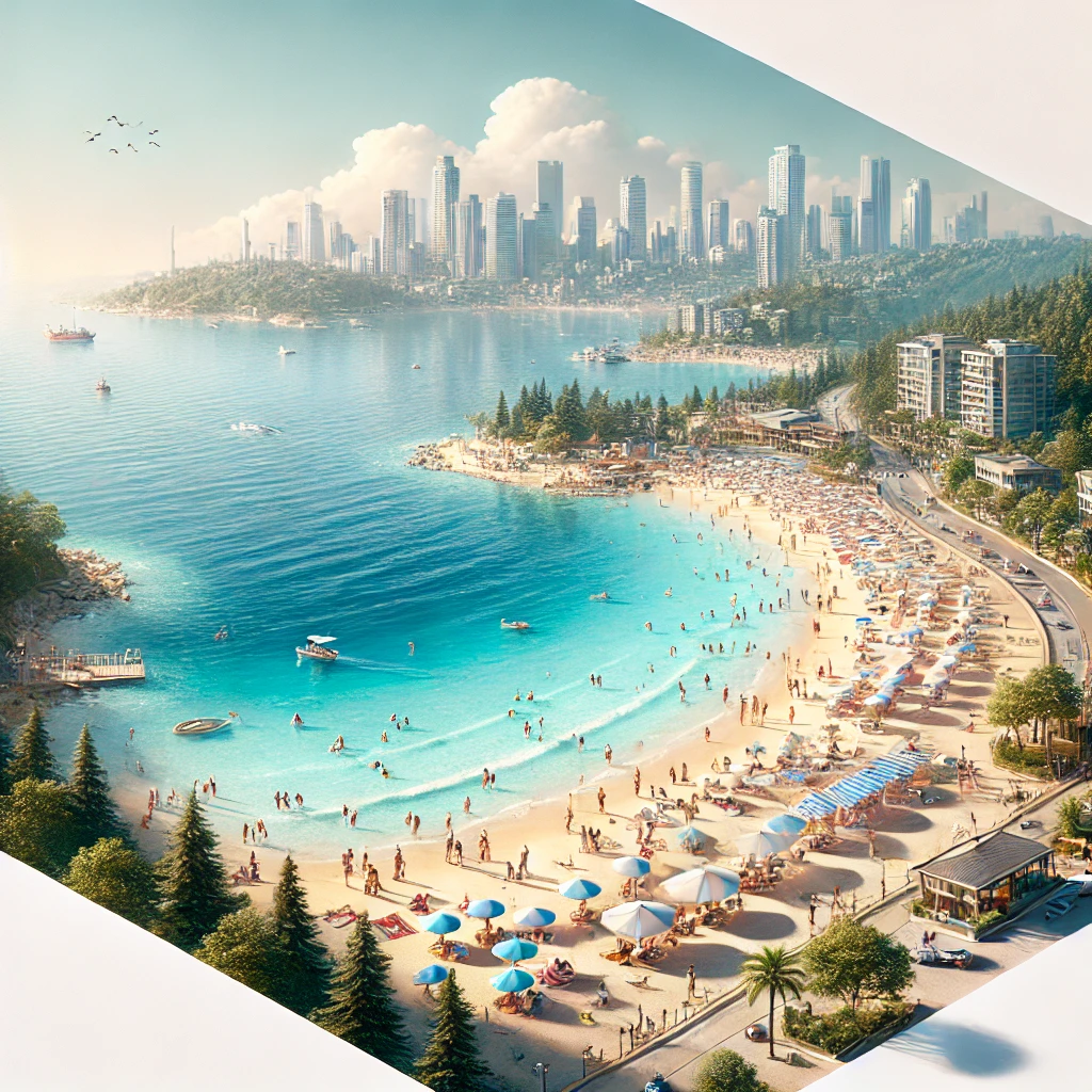 A beach near Istanbul with clear blue waters, sandy shores, sunbeds, umbrellas, and a distant view of the city skyline.