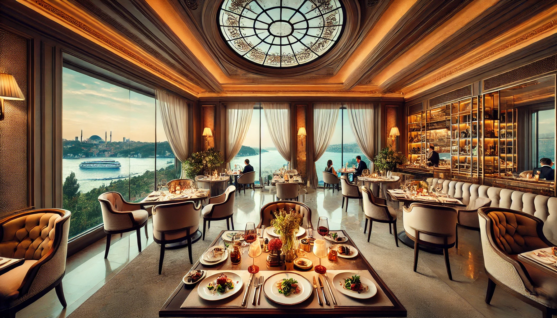 Luxurious restaurant in Istanbul with elegant decor, featuring a table set with gourmet dishes and a panoramic view of the Bosphorus