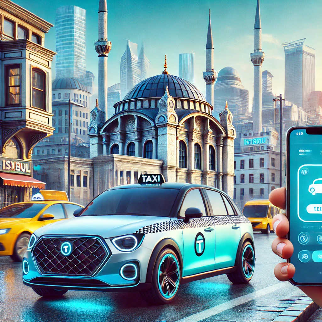 A modern app-based taxi in Istanbul, showcasing the new digital taxi system with its unique color and design, picking up passengers at a city street.